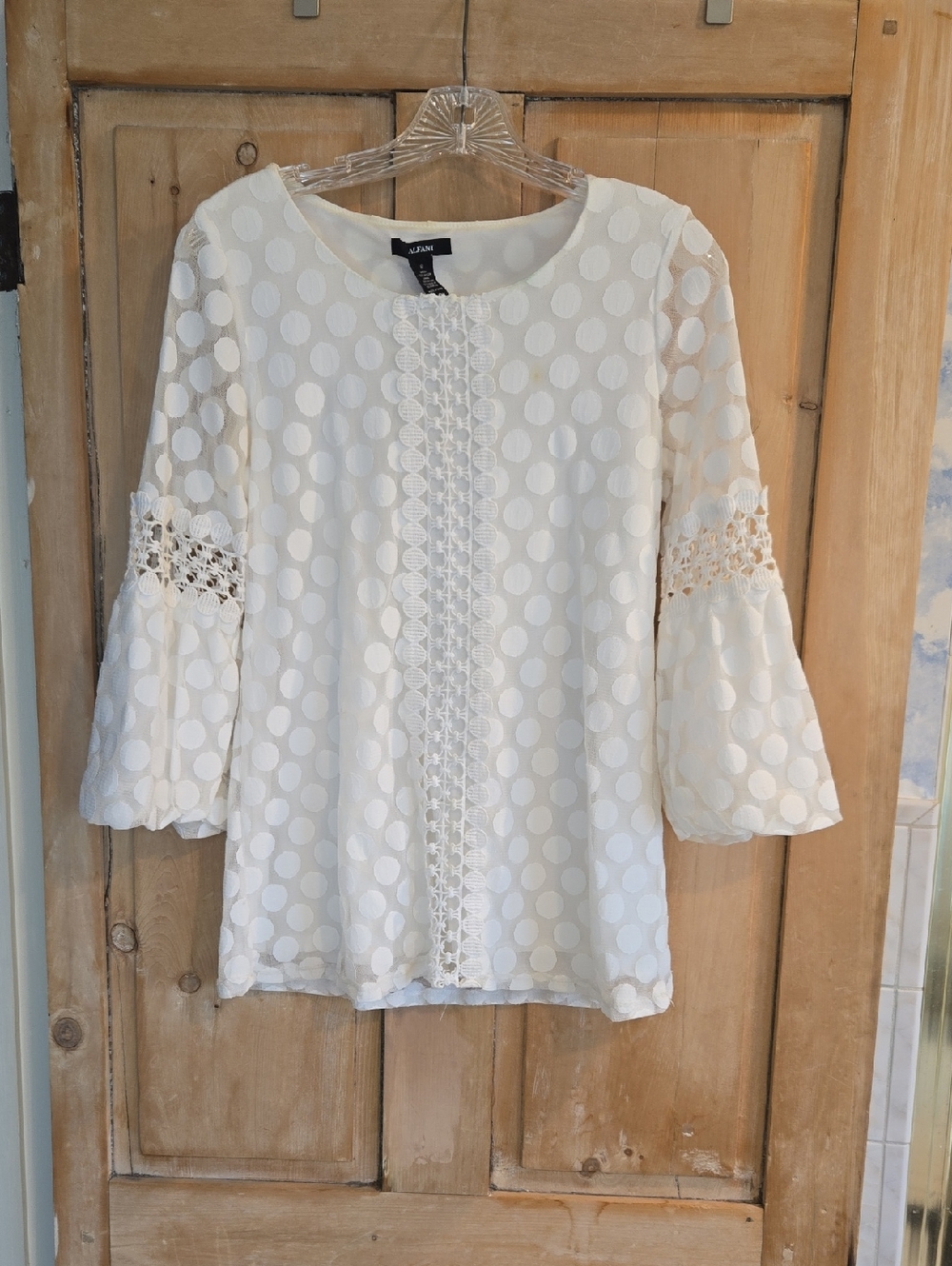 Alfani White Dot Lace-Trim Bell Sleeve Blouse